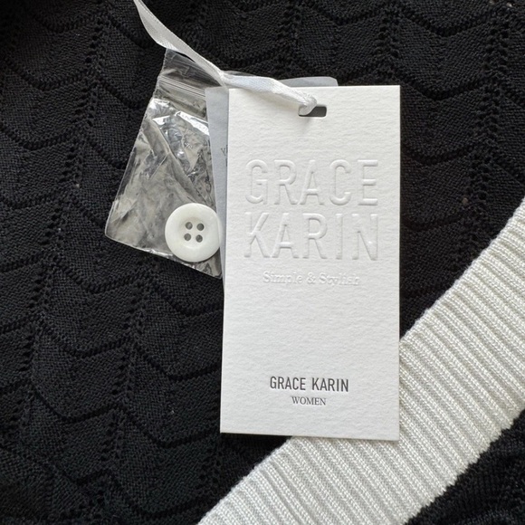 Grace Karin 2XL Black White Short Sleeve Cardigan Open Knit Sweater Preppy NWT - Picture 7 of 10